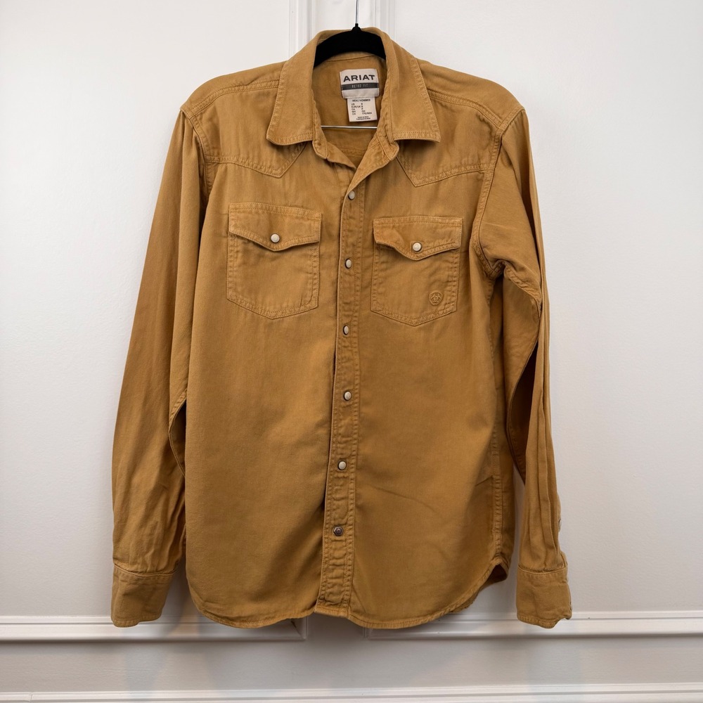 Ariat Retro Fit Mens Tan Khaki Cotton Twill Western Pearl Snap Shirt Small